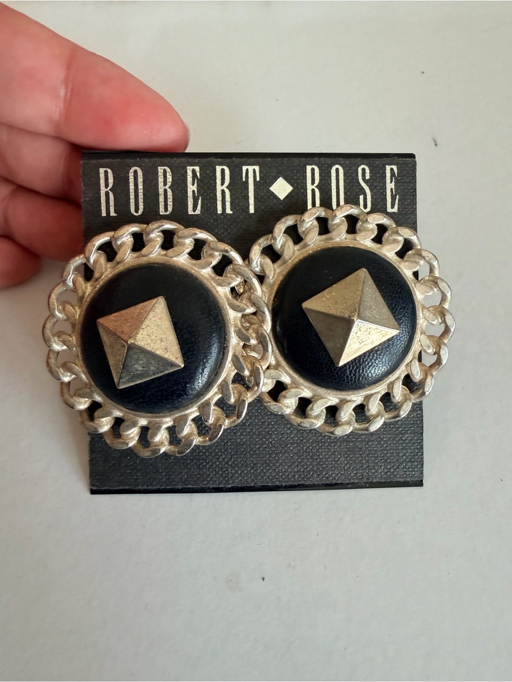 Vintage Robert Rose Black Gold Silver Tone Chain Clip-On Statement Earrings